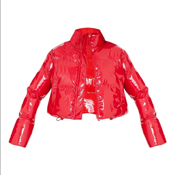 ⤵️🆕PRETTY LITTLE THING Red Vinyl Bubble Puffer Jacket - Picture 8 of 11